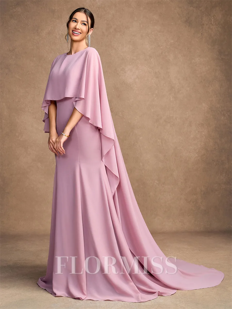 Sheath/Column Chiffon Ruffles Scoop Long Sleeves Sweep/Brush Train Mother of the Bride Dresses