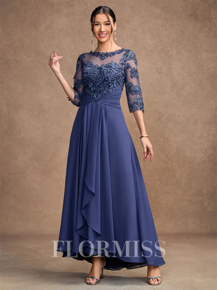 A-Line/Princess Chiffon Applique Scoop 3/4 Sleeves Asymmetrical Mother of the Bride Dresses
