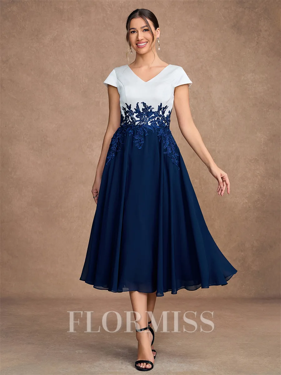 A-Line/Princess Chiffon Applique V-neck Short Sleeves Tea-Length Mother of the Bride Dresses