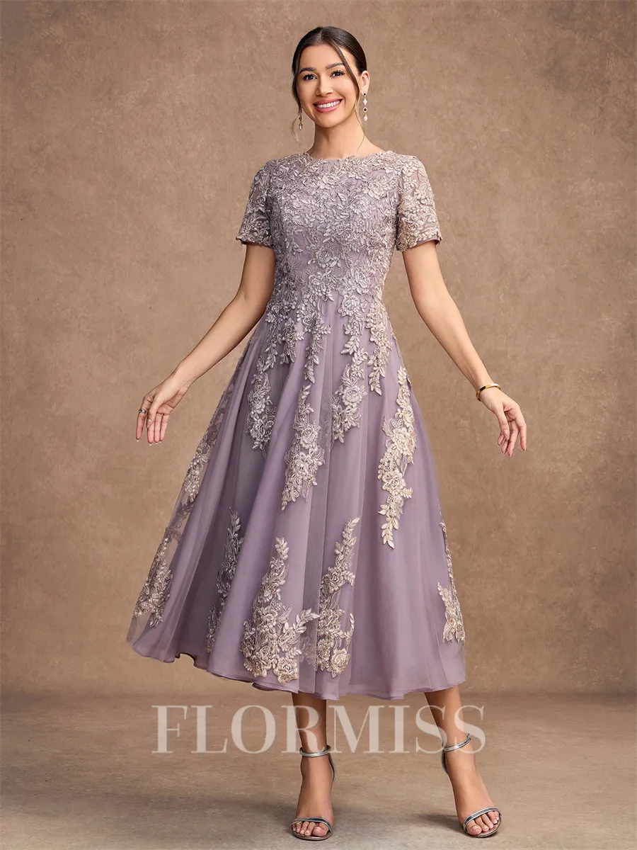 A-Line/Princess Chiffon Lace Scoop Short Sleeves Tea-Length Mother of the Bride Dresses