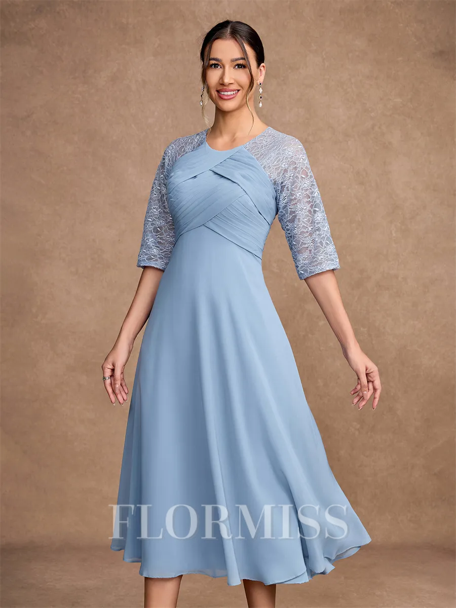 A-Line/Princess Chiffon Lace Scoop 1/2 Sleeves Tea-Length Mother of the Bride Dresses