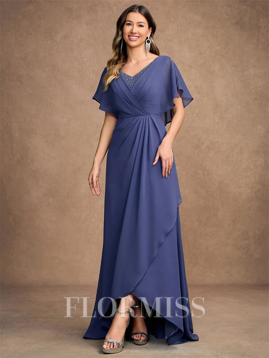 A-Line/Princess Chiffon Beading V-neck Short Sleeves Asymmetrical Mother of the Bride Dresses