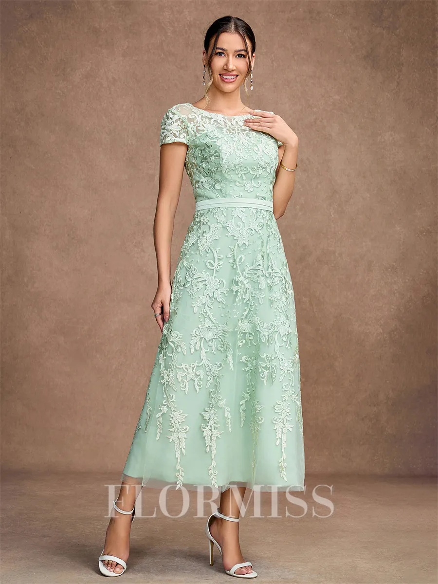 A-Line/Princess Tulle Lace Scoop Short Sleeves Tea-Length Mother of the Bride Dresses