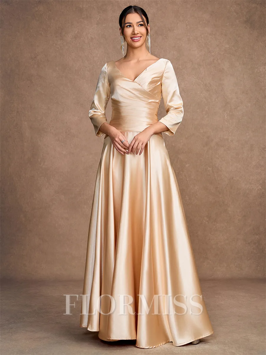 A-Line/Princess Silk Like Satin Ruched V-neck 3/4 Sleeves Ankle-Length Mother of the Bride Dresses
