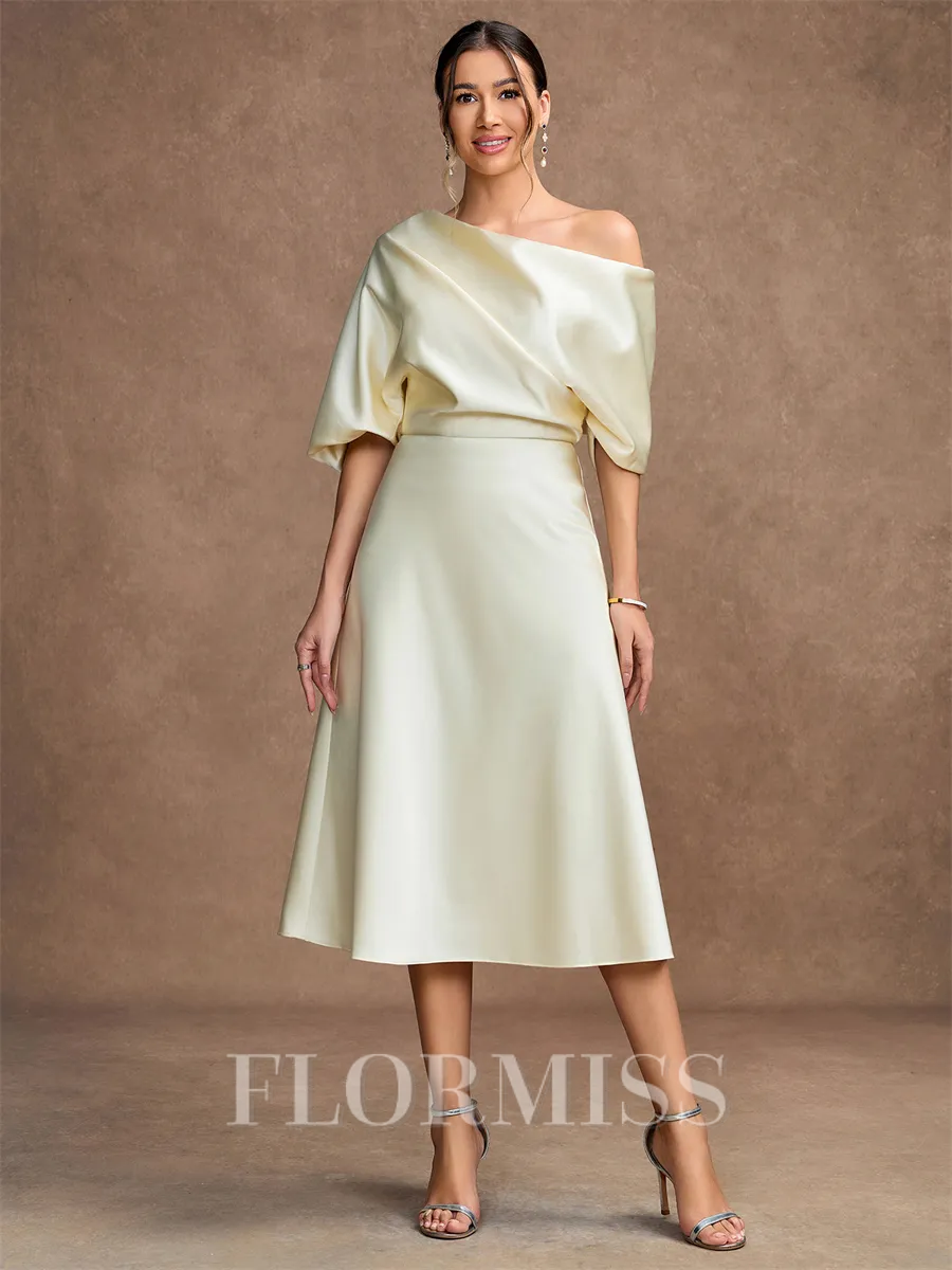 A-Line/Princess Charmeuse Ruched Off-the-Shoulder 1/2 Sleeves Tea-Length Mother of the Bride Dresses
