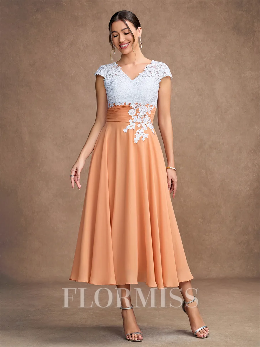 A-Line/Princess Chiffon Lace V-neck Sleeveless Tea-Length Mother of the Bride Dresses
