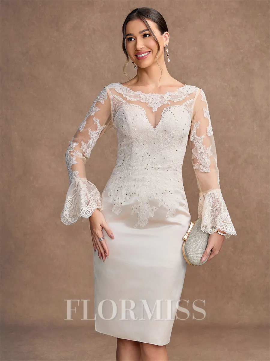 Sheath/Column Satin Lace Scoop Long Sleeves Knee-Length Mother of the Bride Dresses
