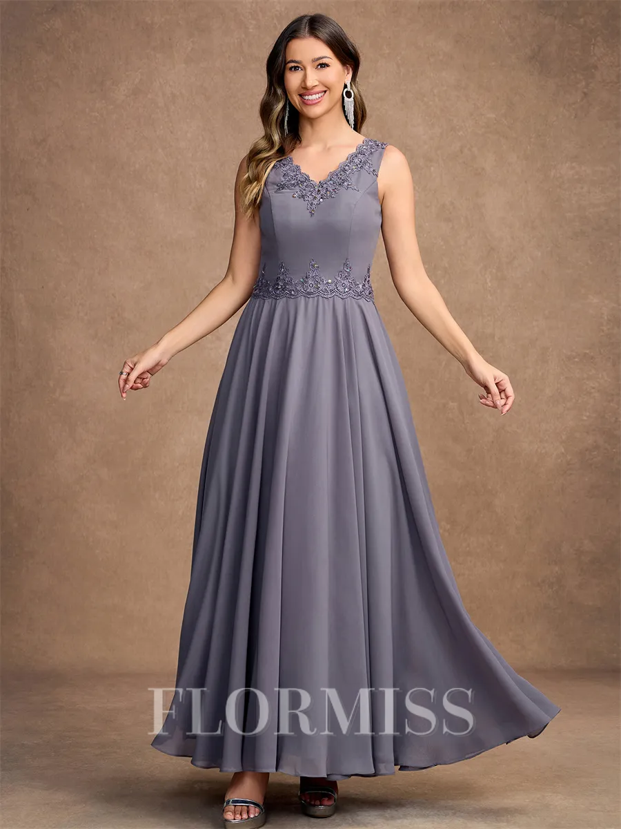 A-Line/Princess Chiffon Applique V-neck Sleeveless Ankle-Length Mother of the Bride Dresses