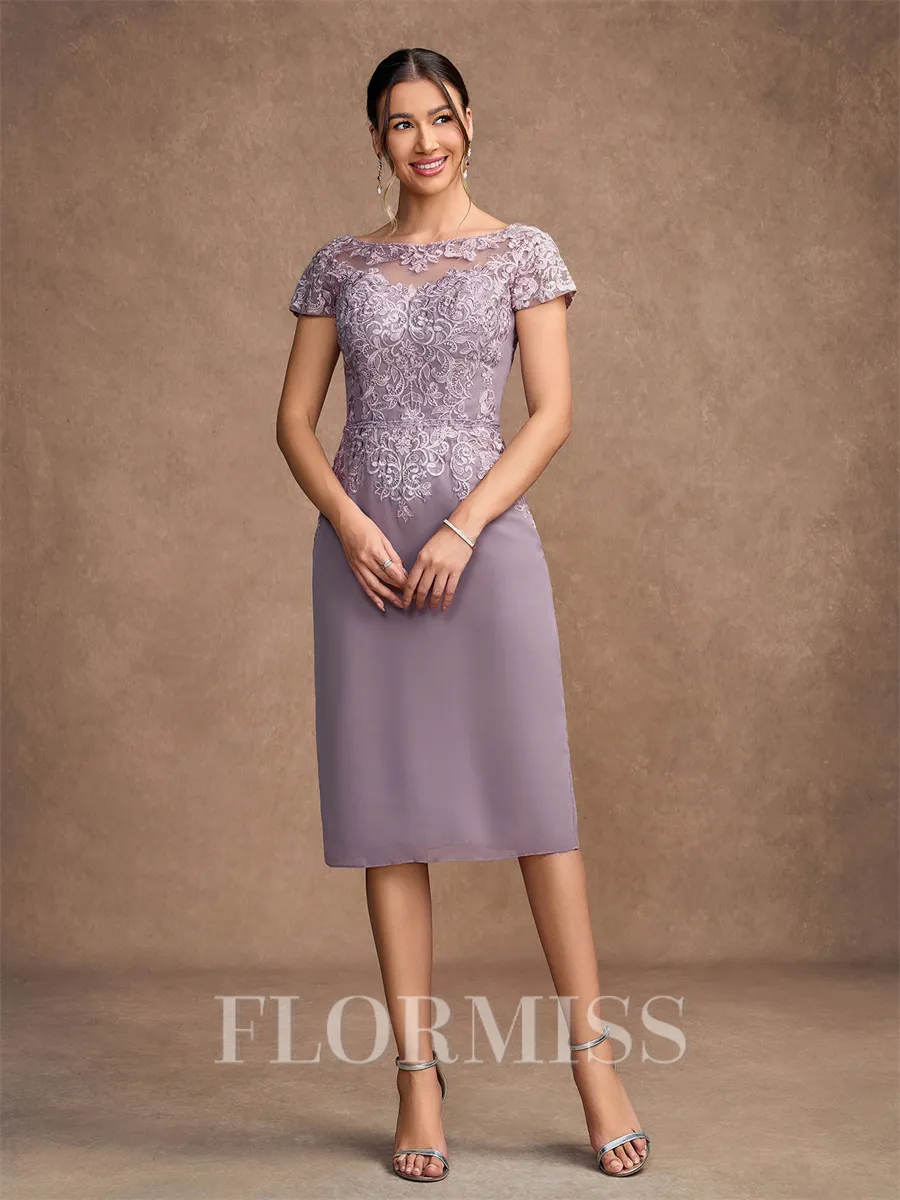 Sheath/Column Chiffon Lace Scoop Short Sleeves Knee-Length Mother of the Bride Dresses