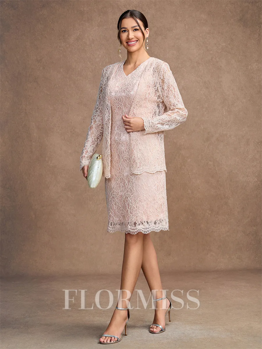 Sheath/Column Silk like Satin Lace V-neck Sleeveless Knee-Length Mother of the Bride Dresses