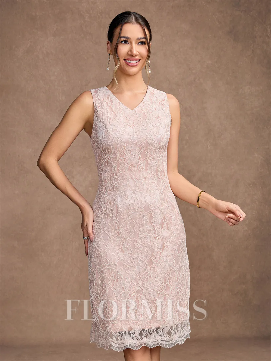 Sheath/Column Silk like Satin Lace V-neck Sleeveless Knee-Length Mother of the Bride Dresses