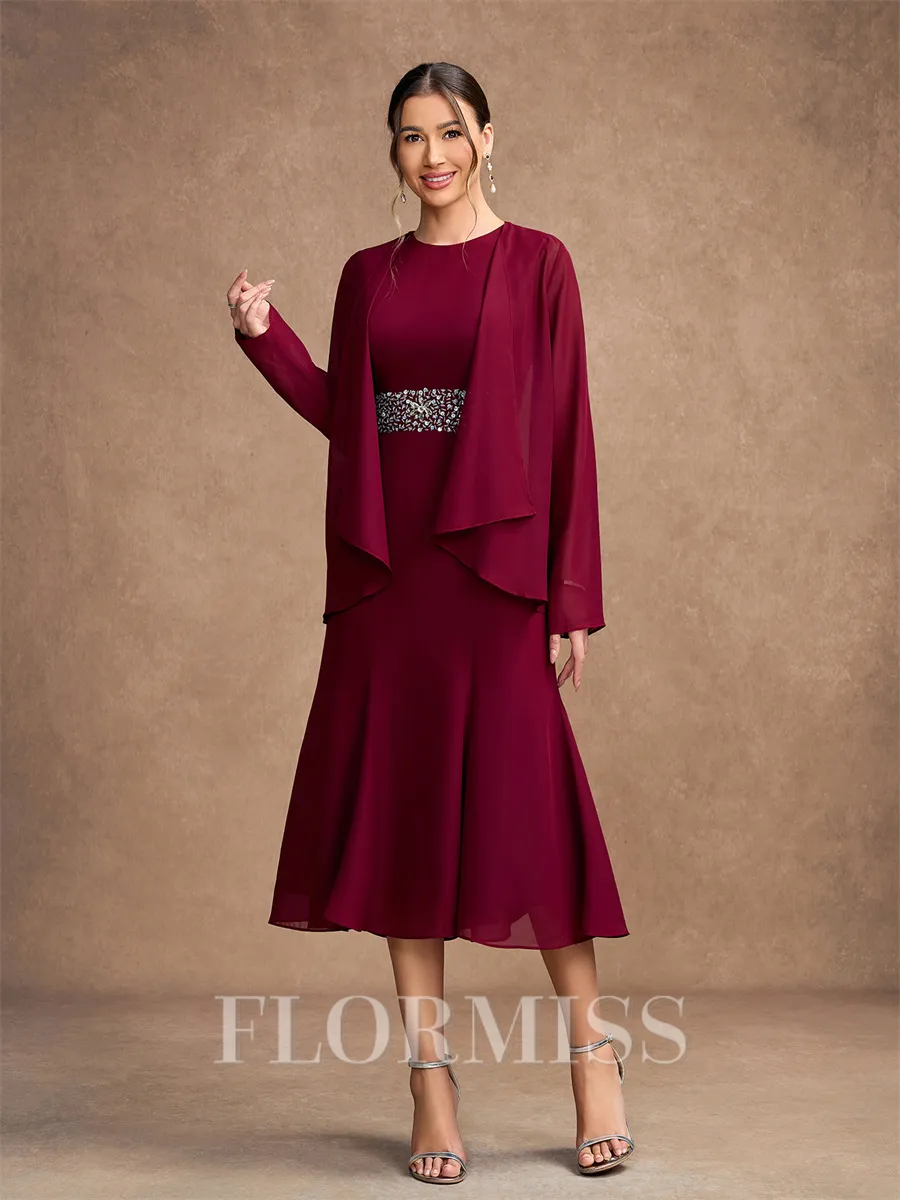 Sheath/Column Chiffon Beading Scoop Sleeveless Tea-Length Mother of the Bride Dresses