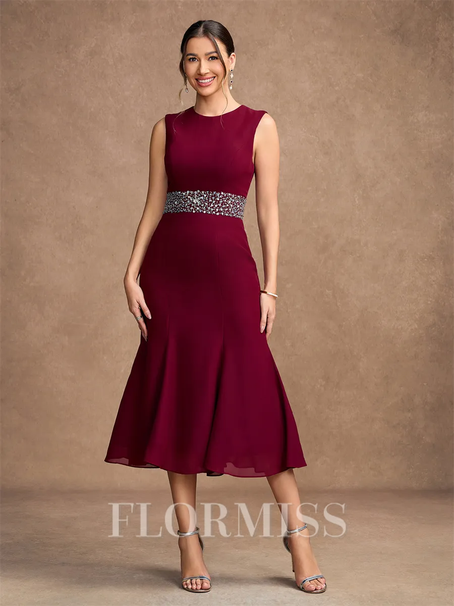 Sheath/Column Chiffon Beading Scoop Sleeveless Tea-Length Mother of the Bride Dresses