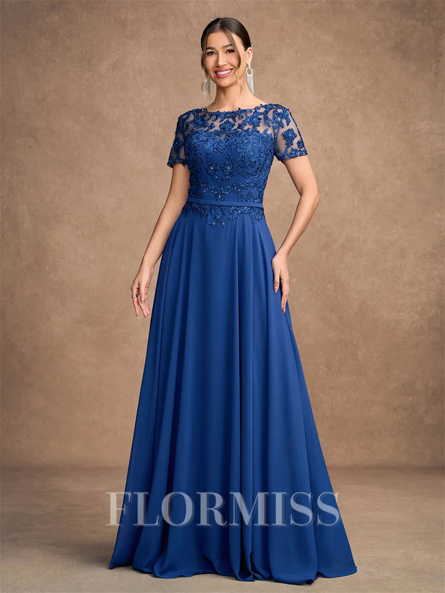 A-line Scoop Short Sleeves Appliques Lace Floor-Length Chiffon Mother of the Bride Dress