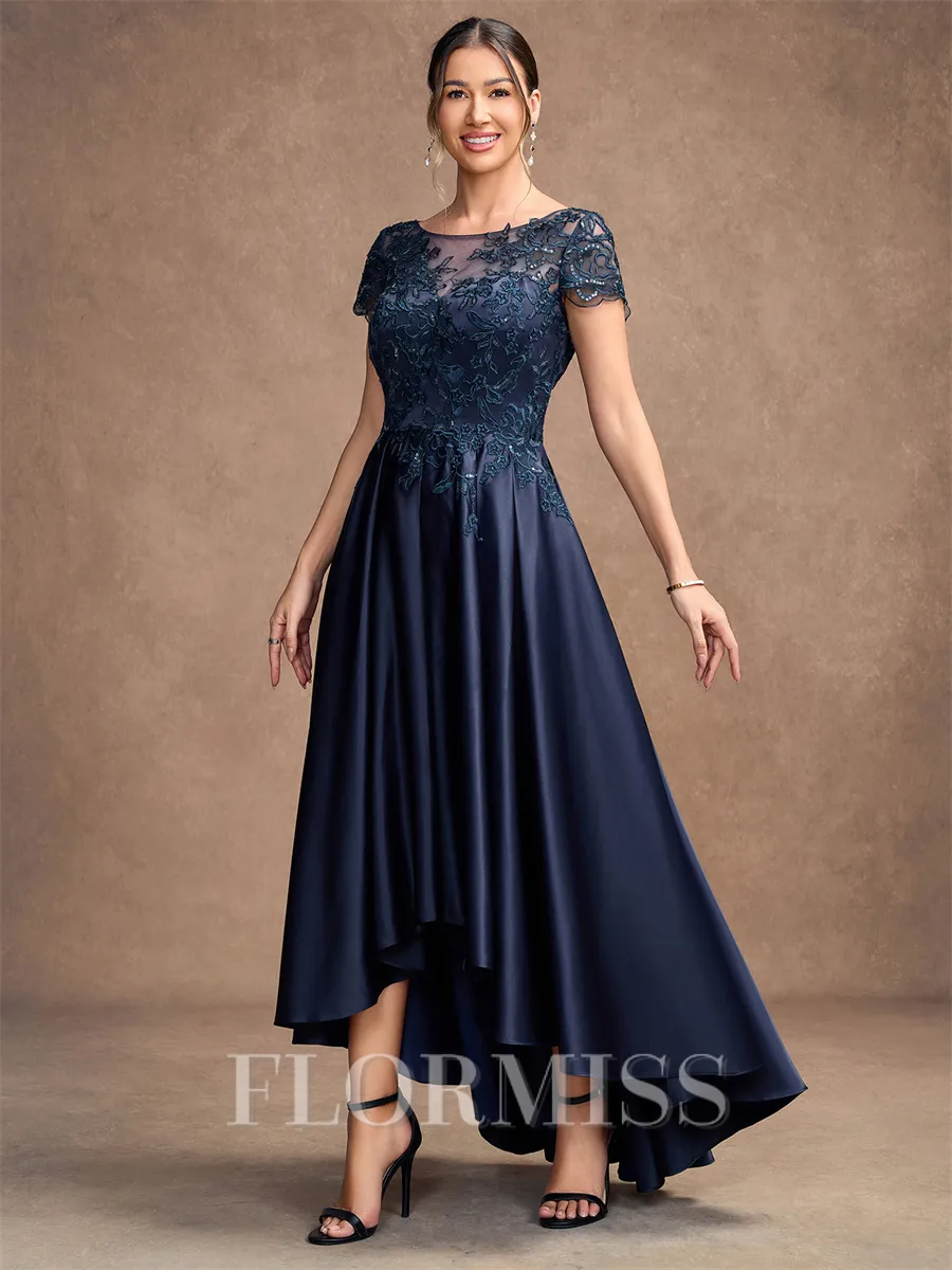 A-line Scoop Short Sleeves Appliques Lace Asymmetrical Satin Mother of the Bride Dress