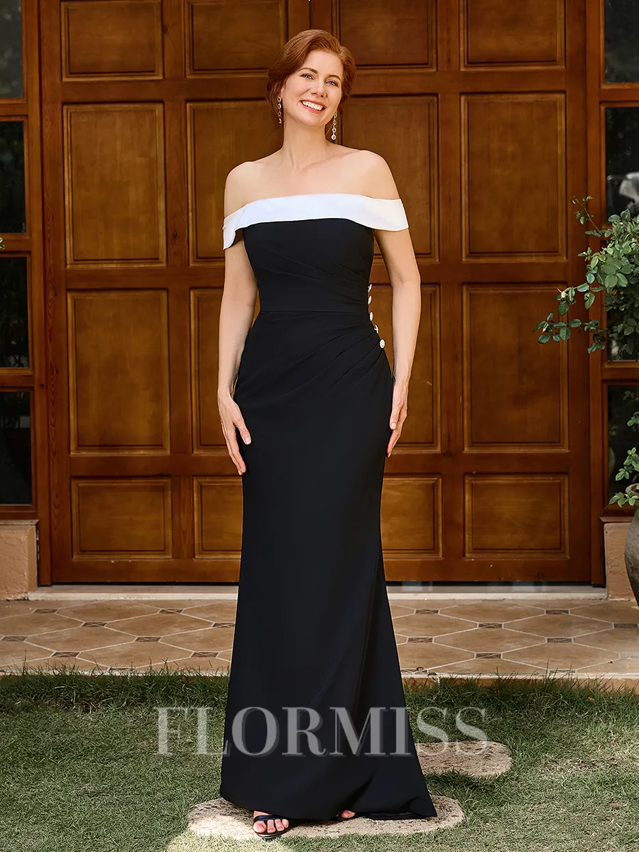 Sheath Off-the-Shoulder Floor-Length Stretch Crepe Mother of the Bride Dress
