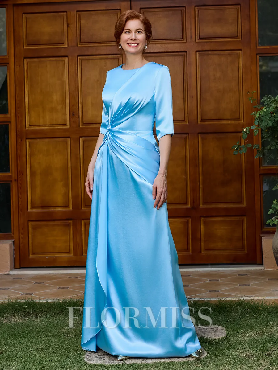 Sheath Scoop 1/2 Sleeves Pleated Floor-Length Silk Like Satin Mother of the Bride Dress