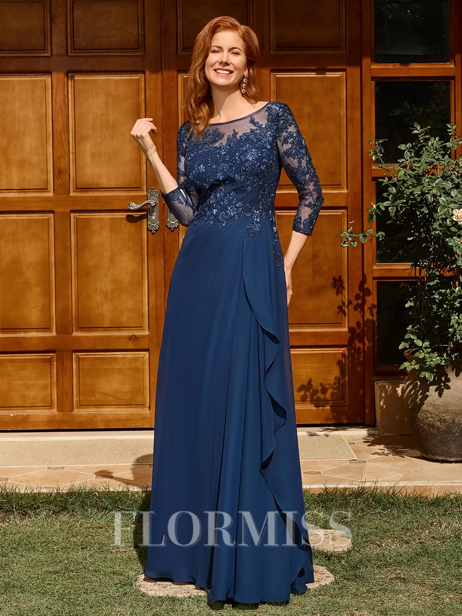 A-line Scoop 3/4 Sleeves Appliques Lace Floor-Length Chiffon Mother of the Bride Dress