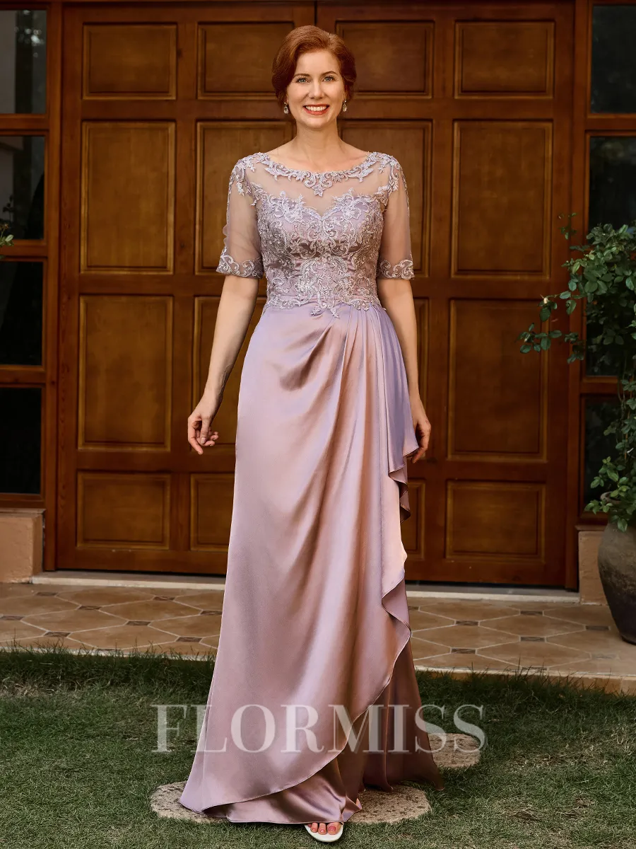 Sheath Scoop 1/2 Sleeves Appliques Lace Floor-Length Silk Like Satin Mother of the Bride Dress