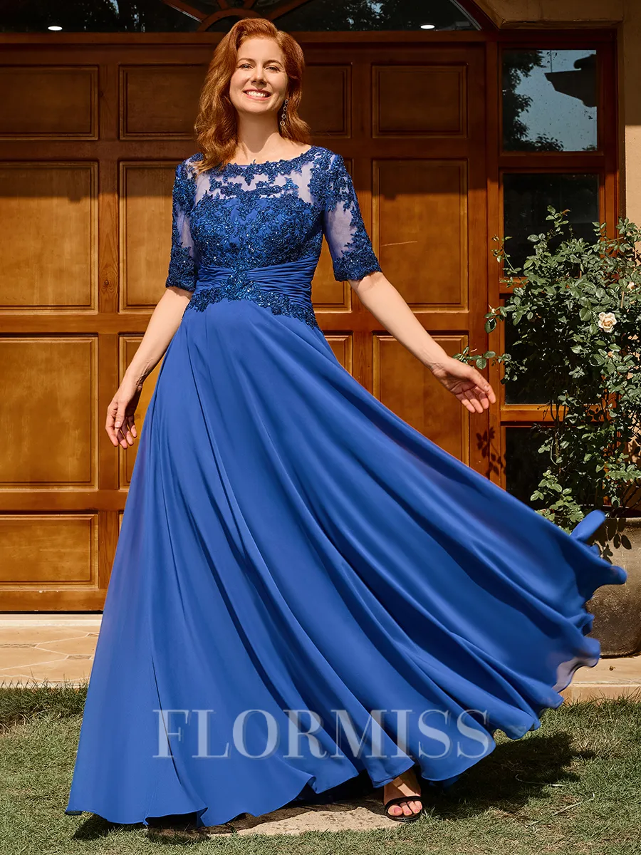 A-line Scoop 1/2 Sleeves Appliques Lace Floor-Length Chiffon Mother of the Bride Dress