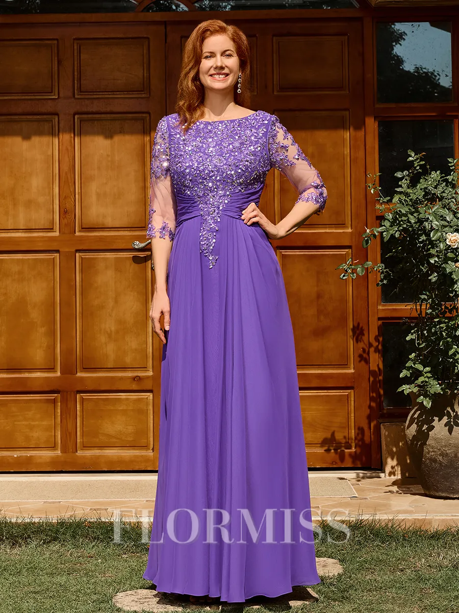 A-line Scoop 1/2 Sleeves Appliques Lace Floor-Length Chiffon Mother of the Bride Dress