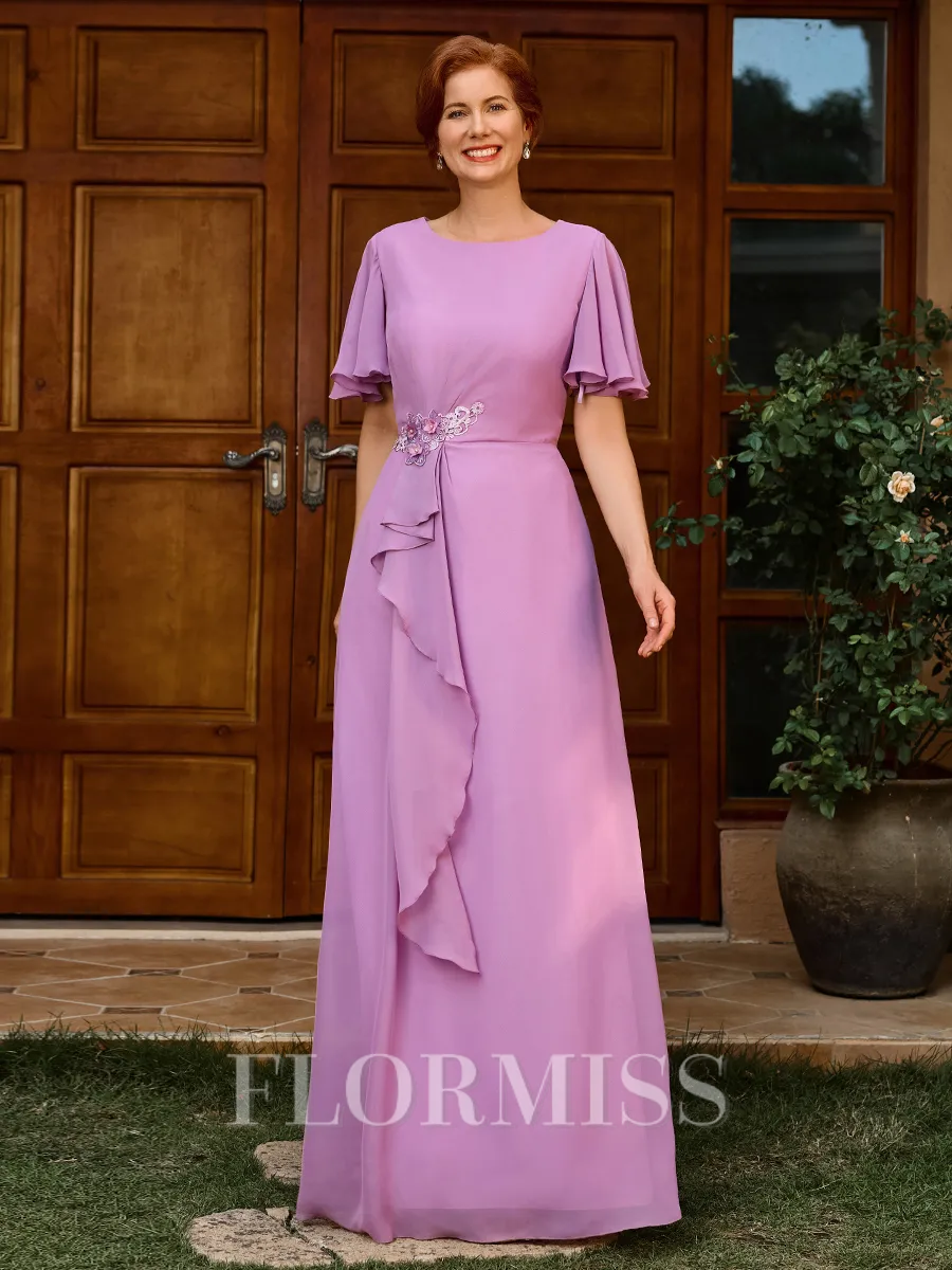 A-line Scoop Short Sleeves Appliques Lace Floor-Length Chiffon Mother of the Bride Dress