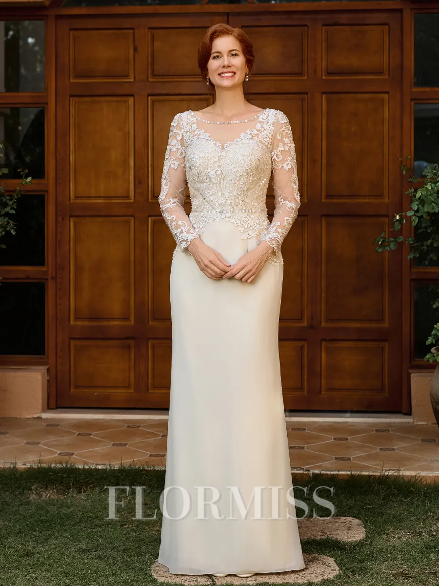 Sheath Scoop Long Sleeves Appliques Lace Floor-Length Chiffon Mother of the Bride Dress