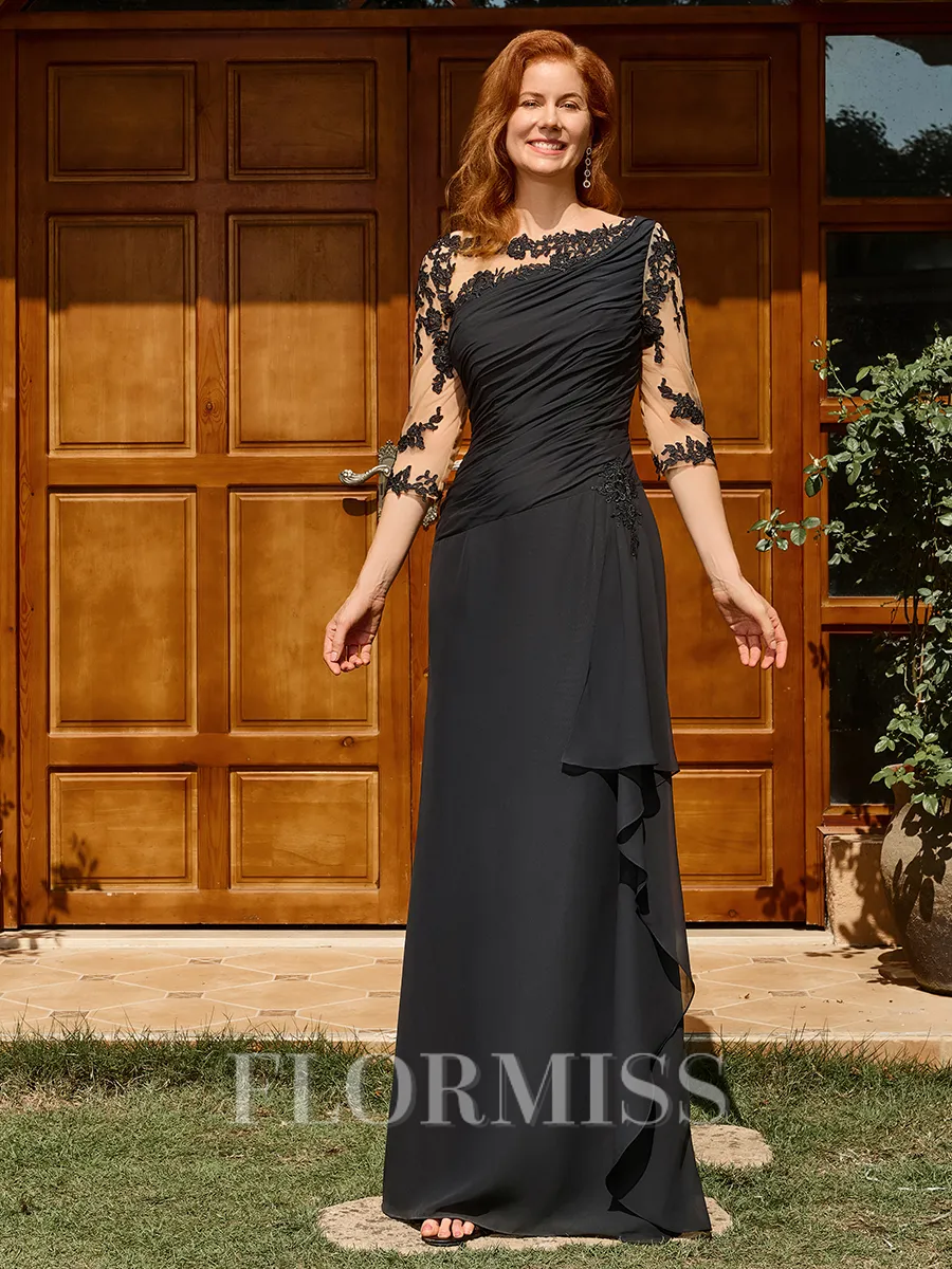 Sheath Scoop 1/2 Sleeves Appliques Lace Floor-Length Chiffon Mother of the Bride Dress