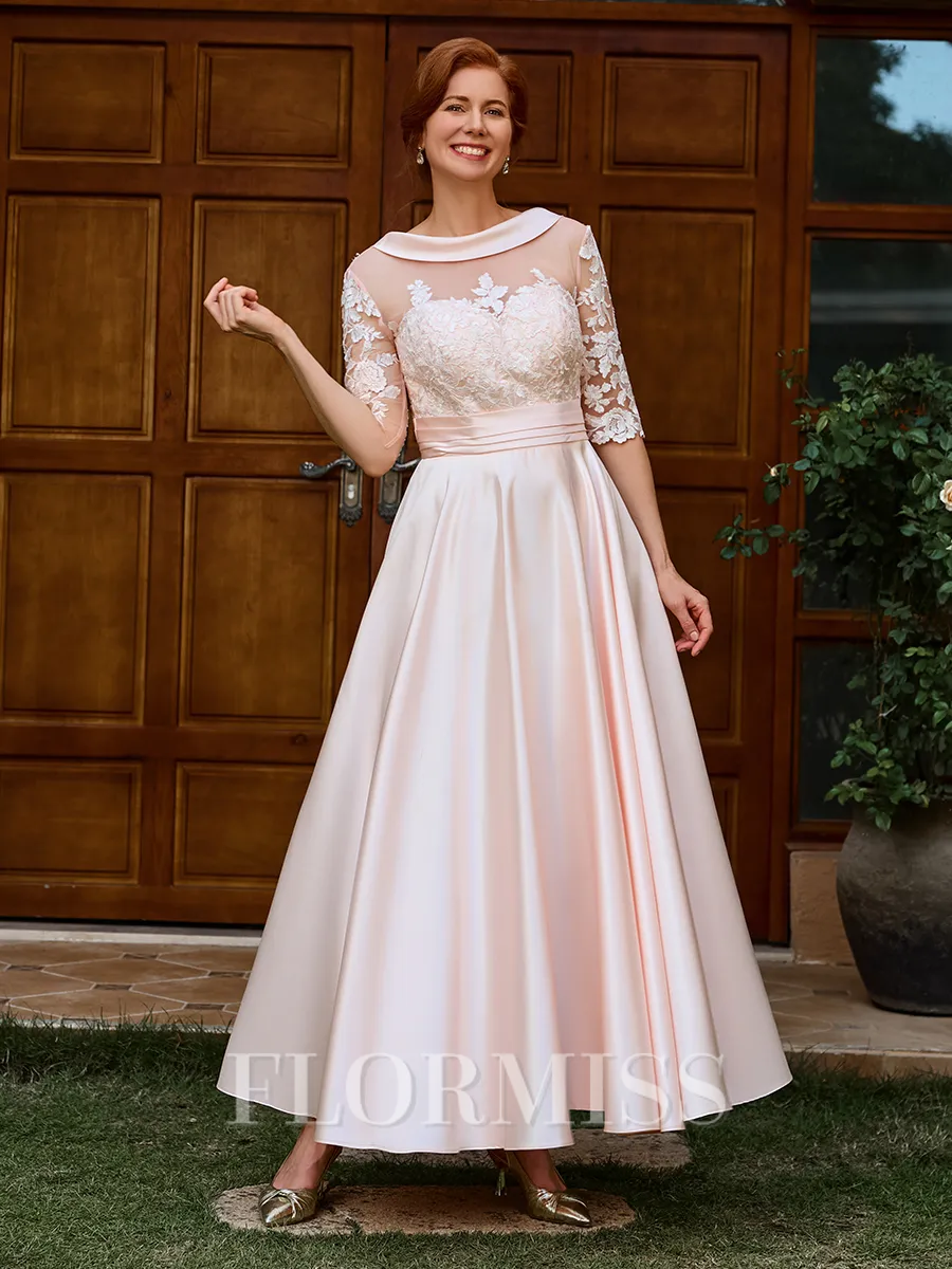 A-line Scoop 1/2 Sleeves Appliques Lace Ankle-Length Satin Mother of the Bride Dress