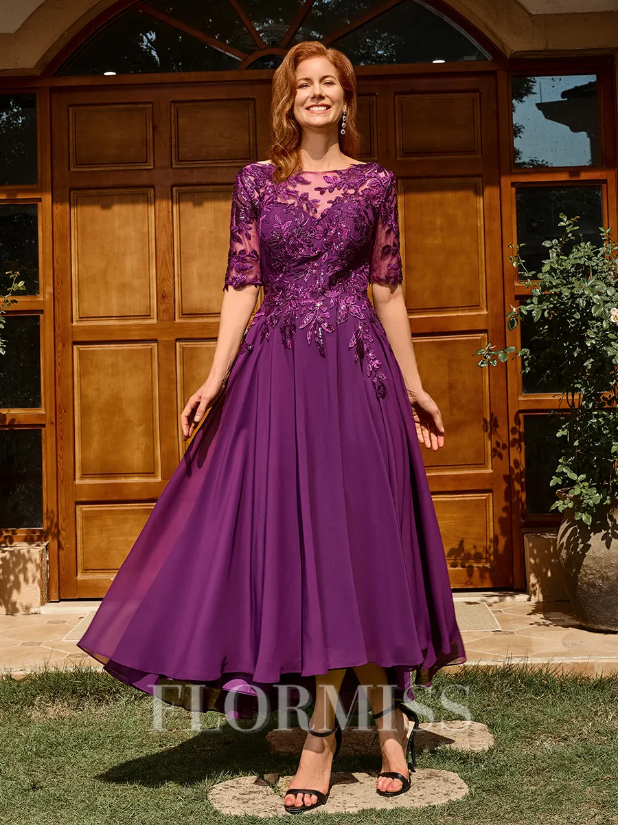 A-line Scoop 1/2 Sleeves Appliques Lace Asymmetrical Chiffon Mother of the Bride Dress