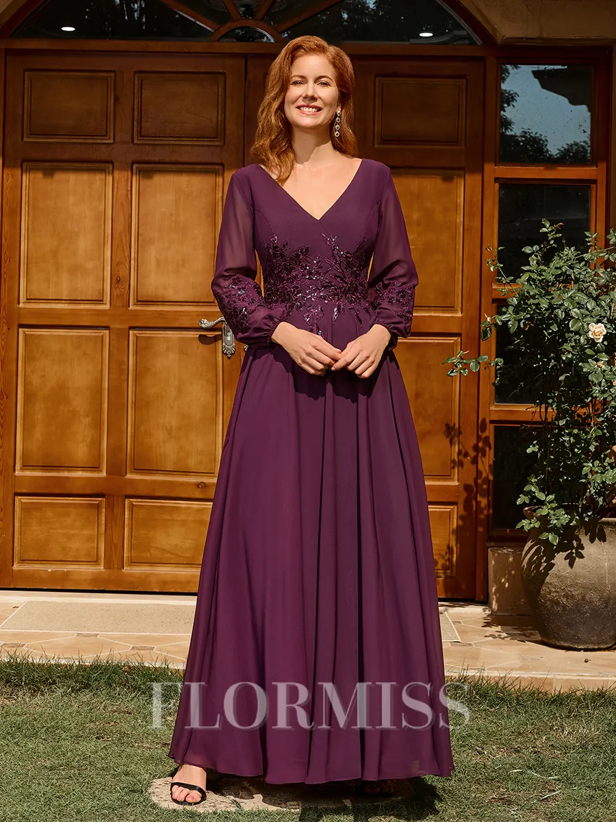 A-line V-neck Long Sleeves Appliques Lace Ankle-Length Chiffon Mother of the Bride Dress