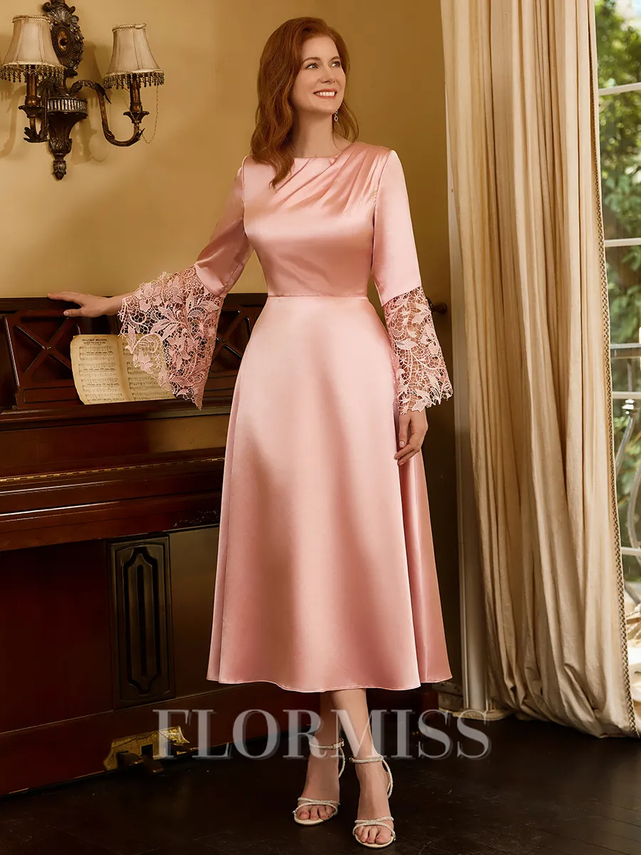 A-line Scoop Long Sleeves Appliques Lace Tea-Length Silk Like Satin Mother of the Bride Dress