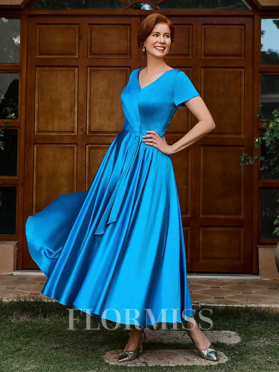 A-line V-neck Short Sleeves Pleated Ankle-Length Silk Like Satin Mother of the Bride Dress