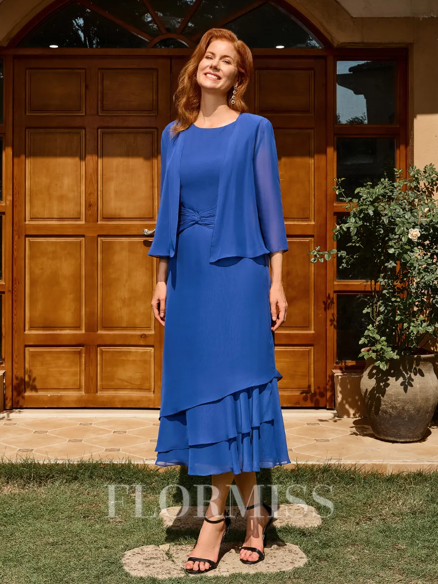 A-line Scoop Pleated Tea-Length Chiffon Mother of the Bride Dress