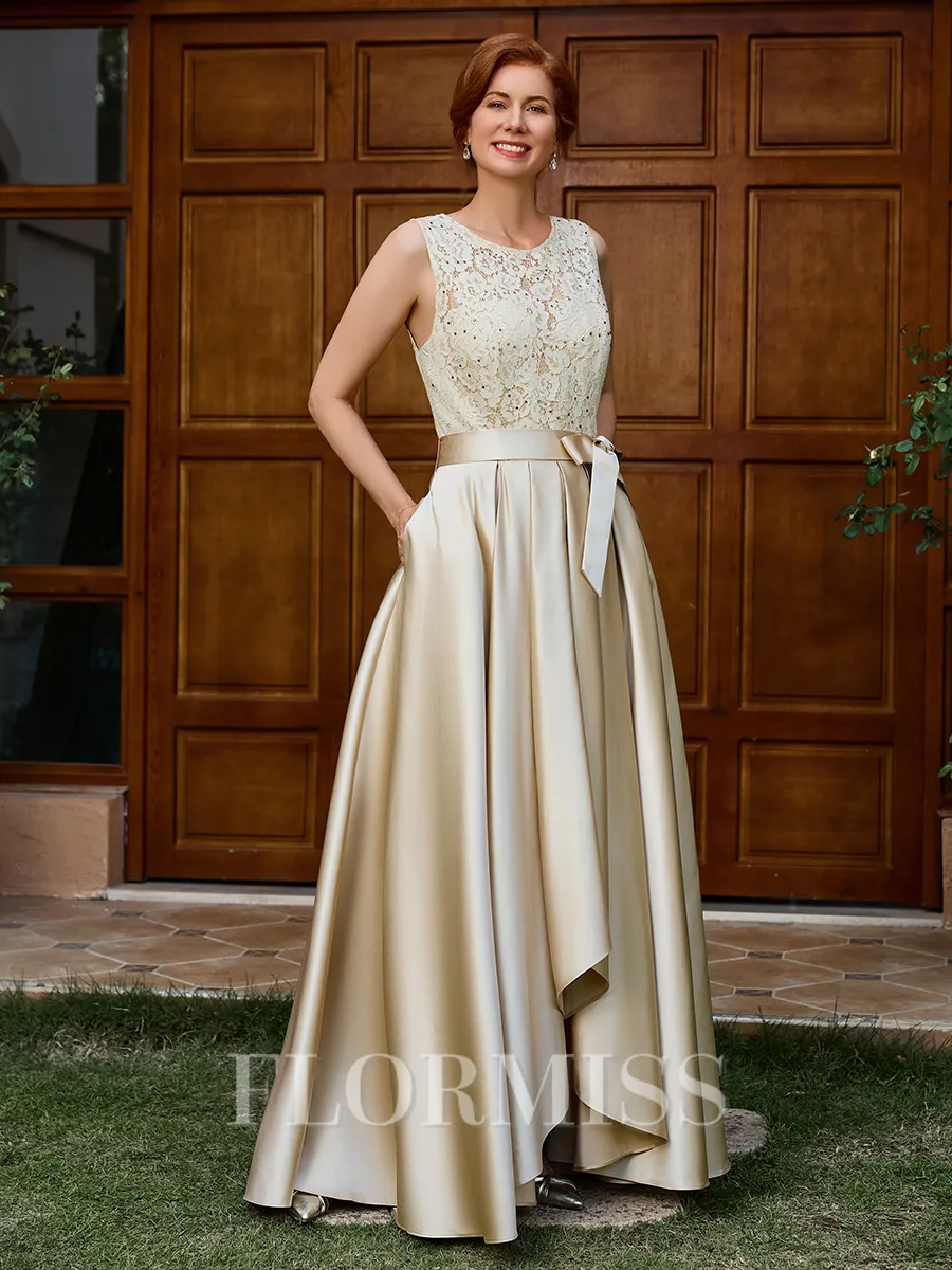 A-line Scoop Appliques Lace Asymmetrical Satin Mother of the Bride Dress