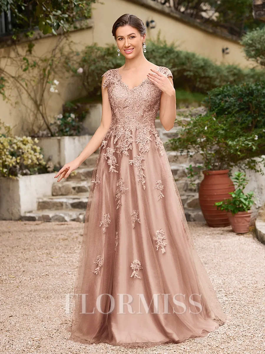 A-Line/Princess Tulle Applique V-neck Sleeveless Floor-Length Dresses