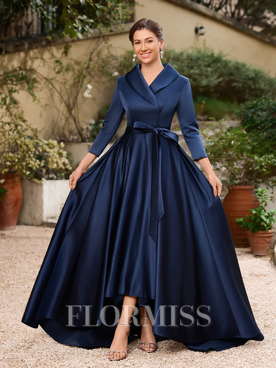 A-Line/Princess Satin Ruched V-neck Long Sleeves Asymmetrical Mother of the Bride Dresses