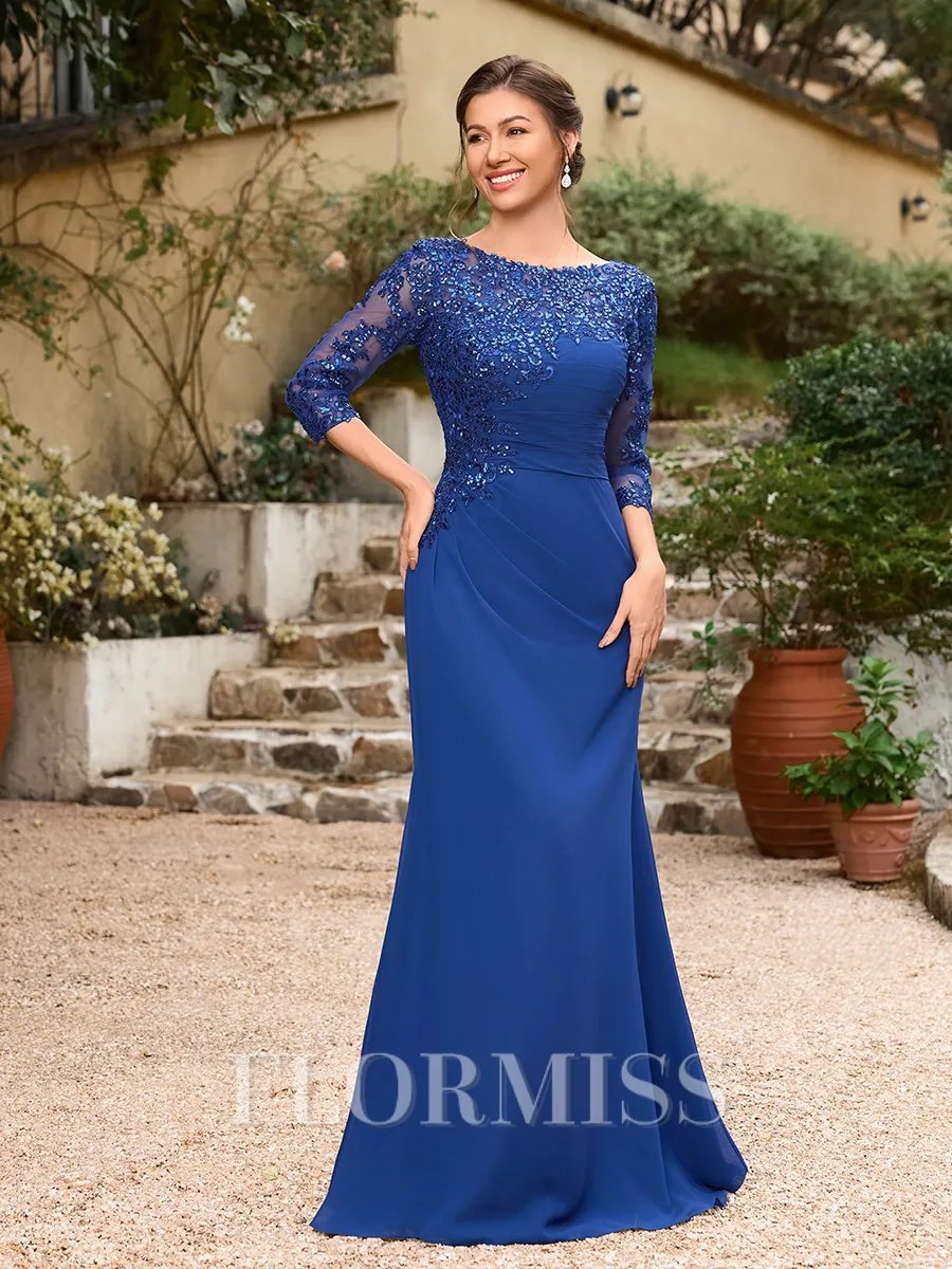 Sheath/Column Chiffon Applique Bateau 3/4 Sleeves Floor-Length Mother of the Bride Dresses
