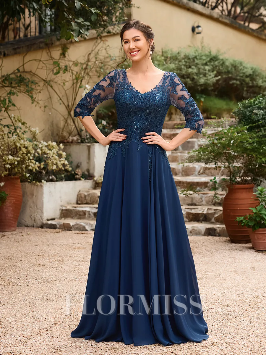 A-Line/Princess Chiffon Applique V-neck 3/4 Sleeves Floor-Length Mother of the Bride Dresses