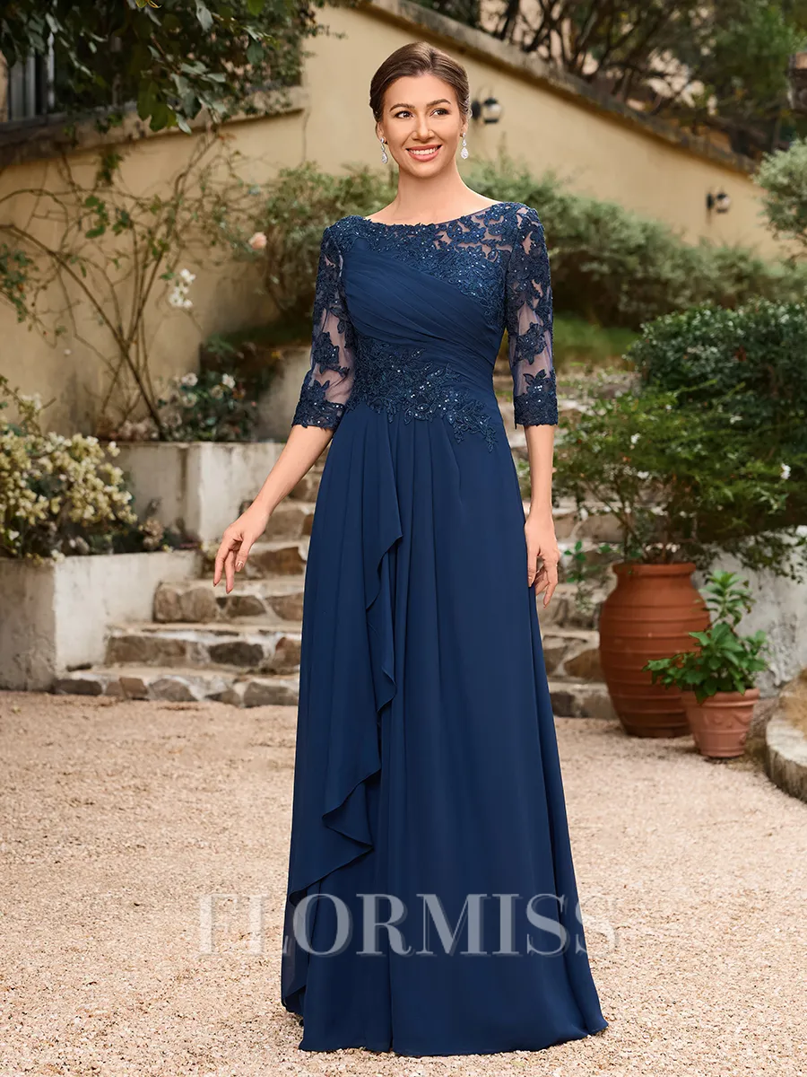 A-Line/Princess Chiffon Applique Bateau 3/4 Sleeves Floor-Length Mother of the Bride Dresses