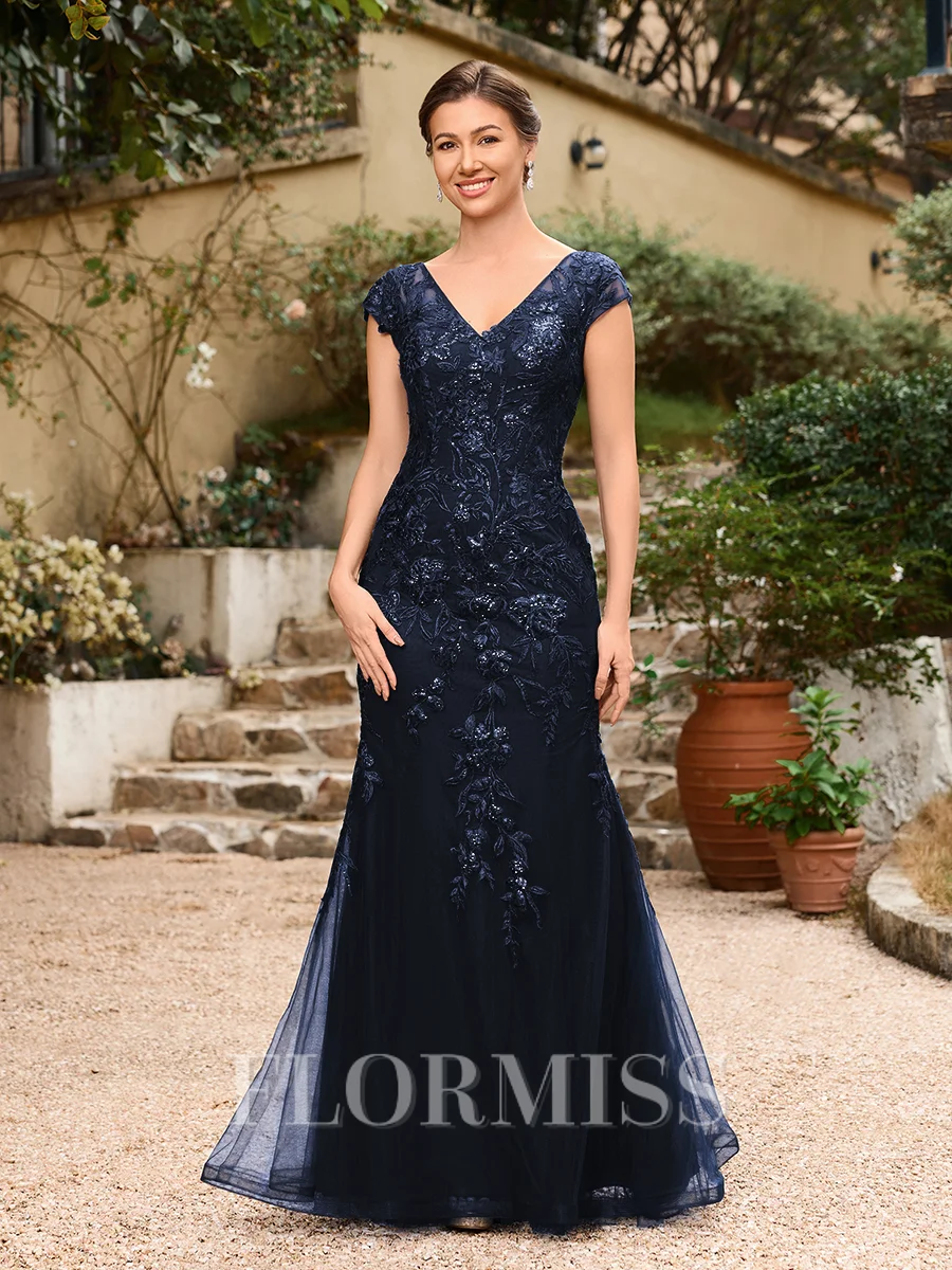 Sheath/Column Tulle Applique V-neck Short Sleeves Floor-Length Mother of the Bride Dresses