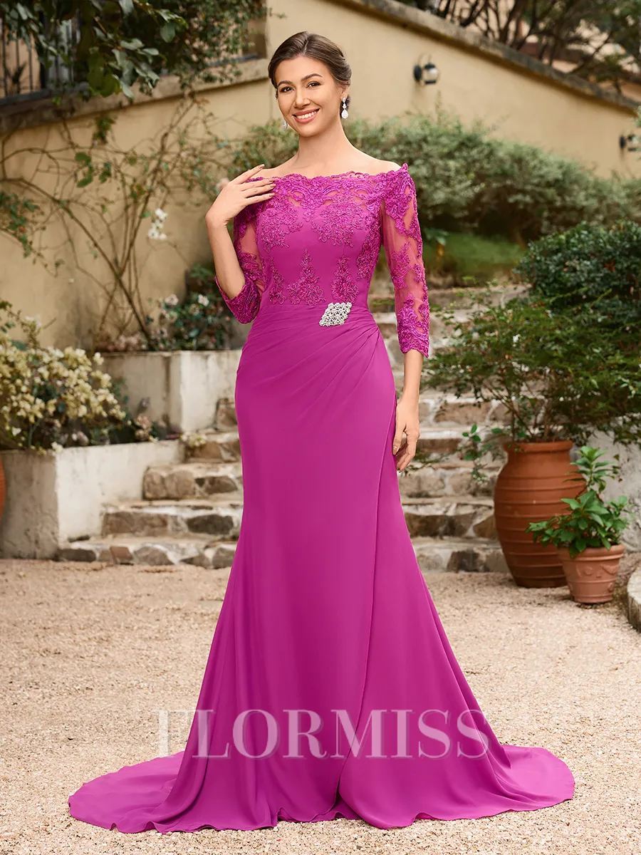 Sheath/Column Chiffon Applique Off-the-Shoulder 3/4 Sleeves Sweep/Brush Train Mother of the Bride Dresses