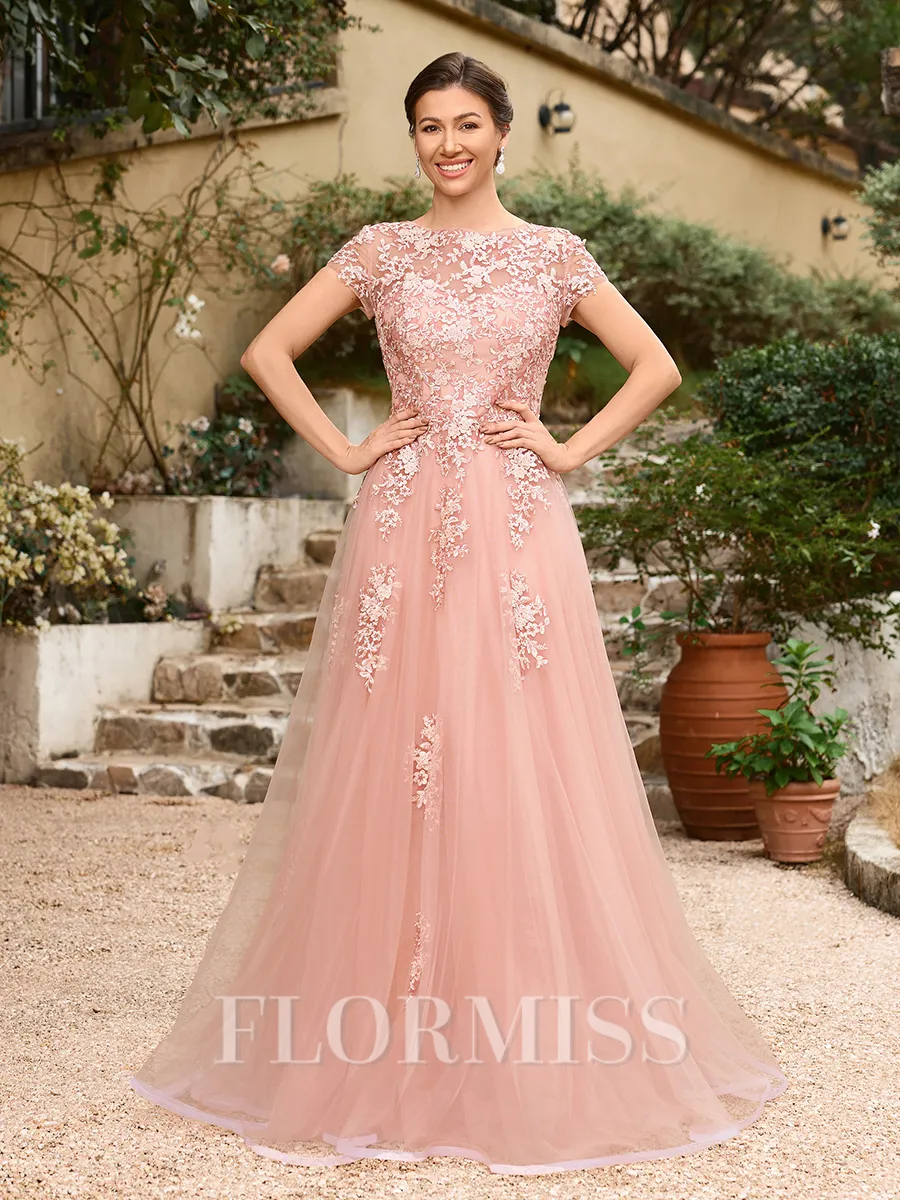 A-Line/Princess Tulle Applique Bateau Short Sleeves Floor-Length Dresses