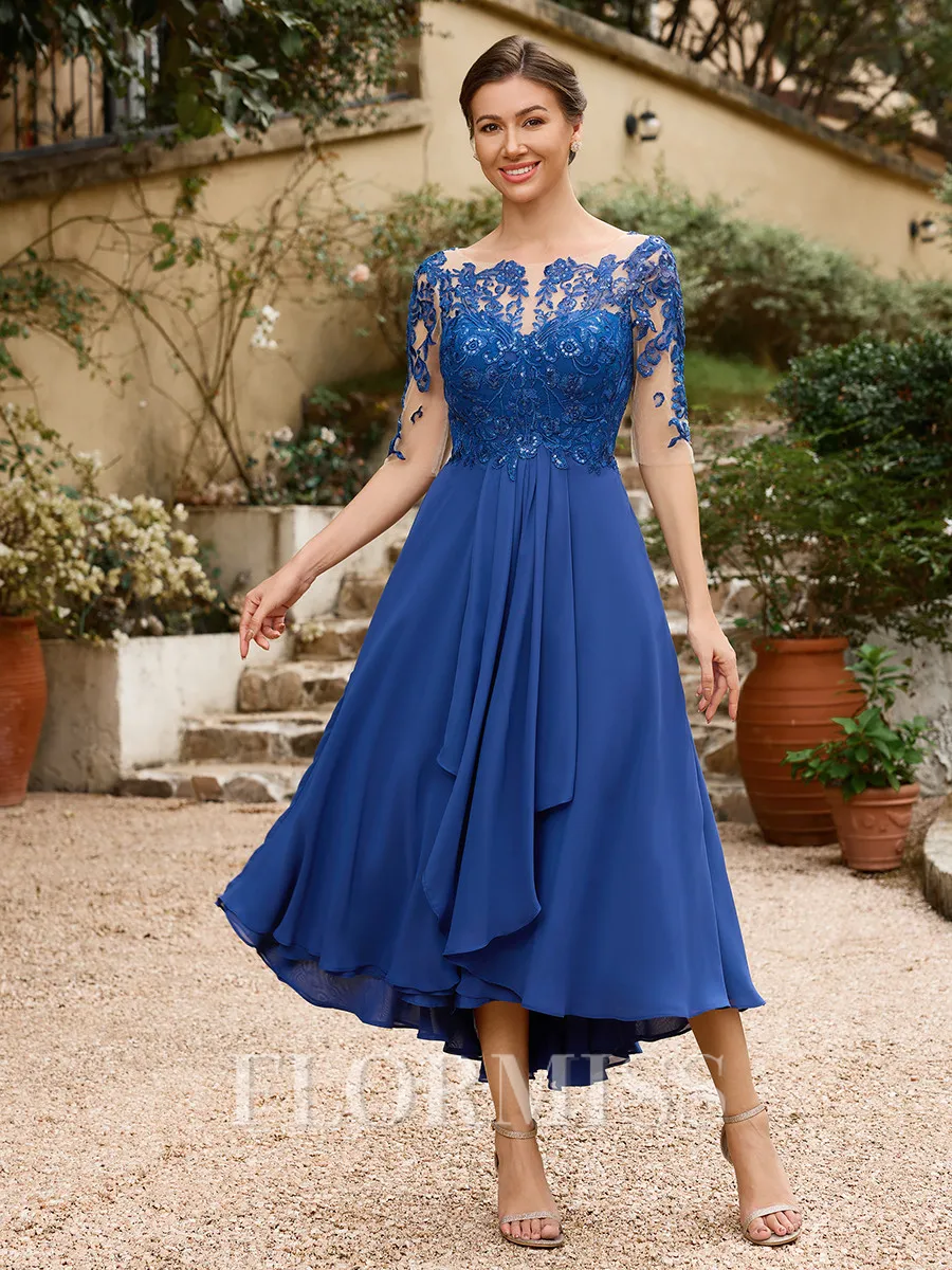 A-Line/Princess Chiffon Applique Bateau 1/2 Sleeves Tea-Length Mother of the Bride Dresses