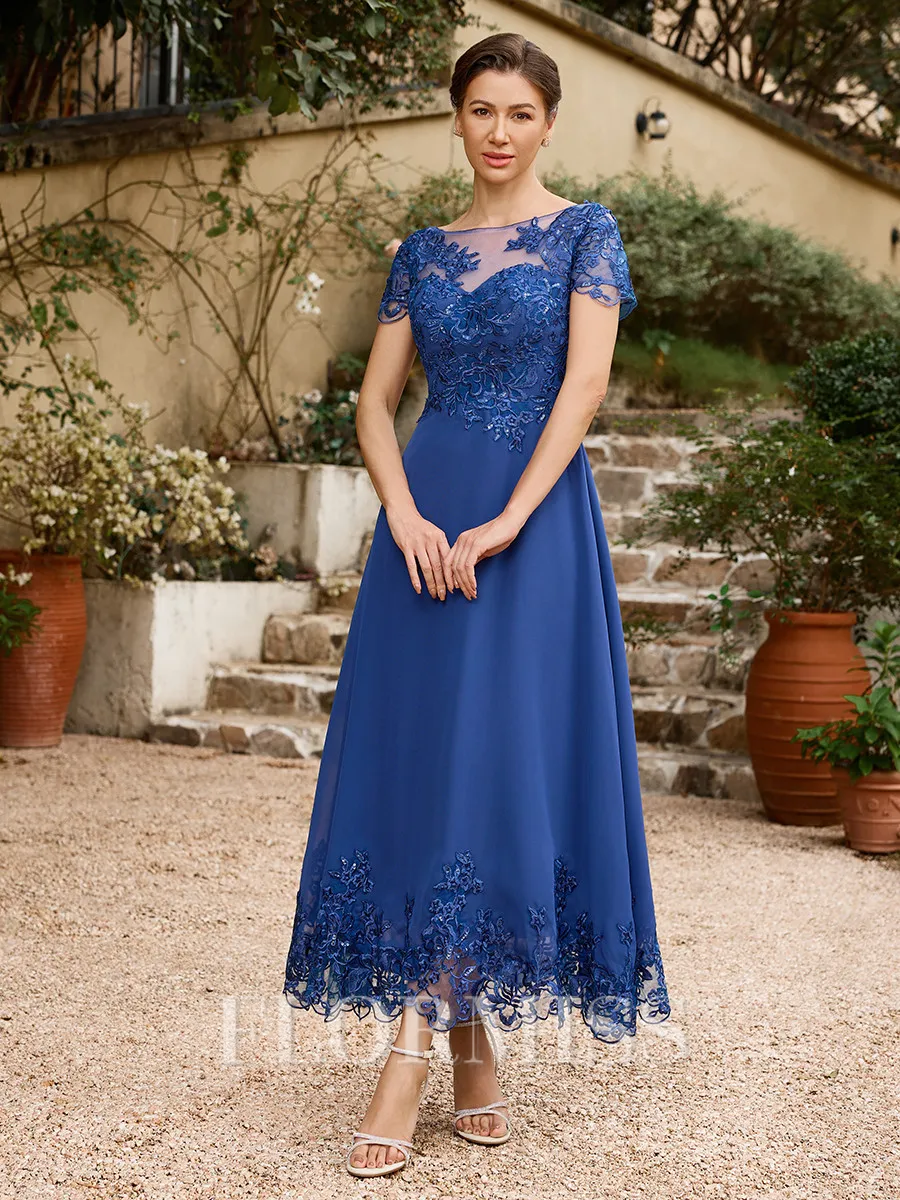 A-Line/Princess Chiffon Applique Bateau Short Sleeves Tea-Length Mother of the Bride Dresses