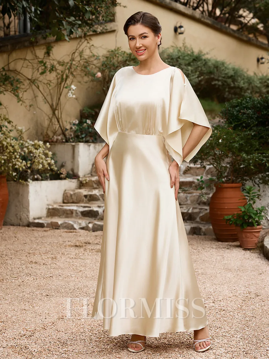 A-Line/Princess Silk like Satin Ruched Scoop 1/2 Sleeves Ankle-Length Mother of the Bride Dresses