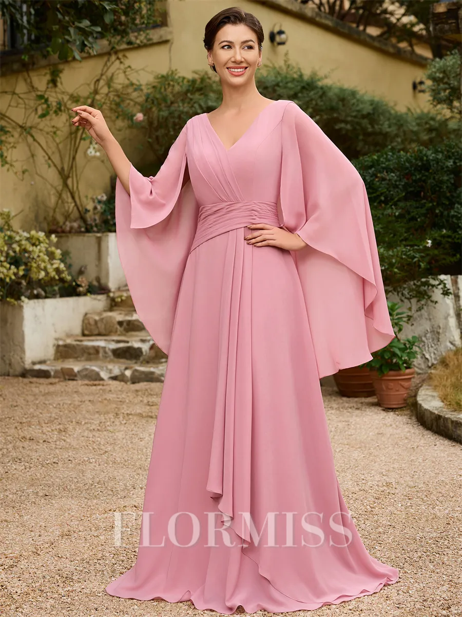 A-Line/Princess Chiffon Ruched V-neck 3/4 Sleeves Floor-Length Mother of the Bride Dresses