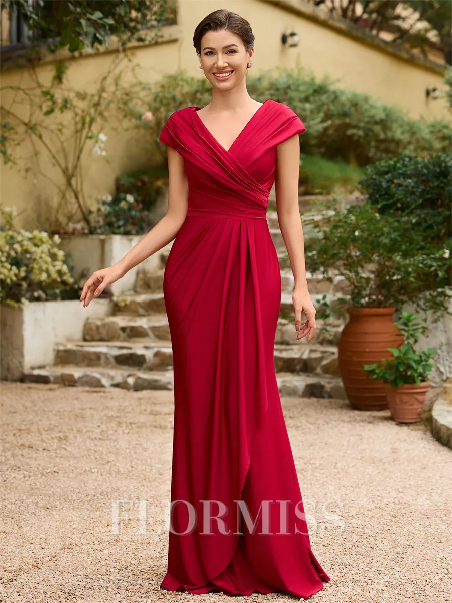 Sheath/Column Jersey Ruched V-neck Short Sleeves Floor-Length Mother of the Bride Dresses
