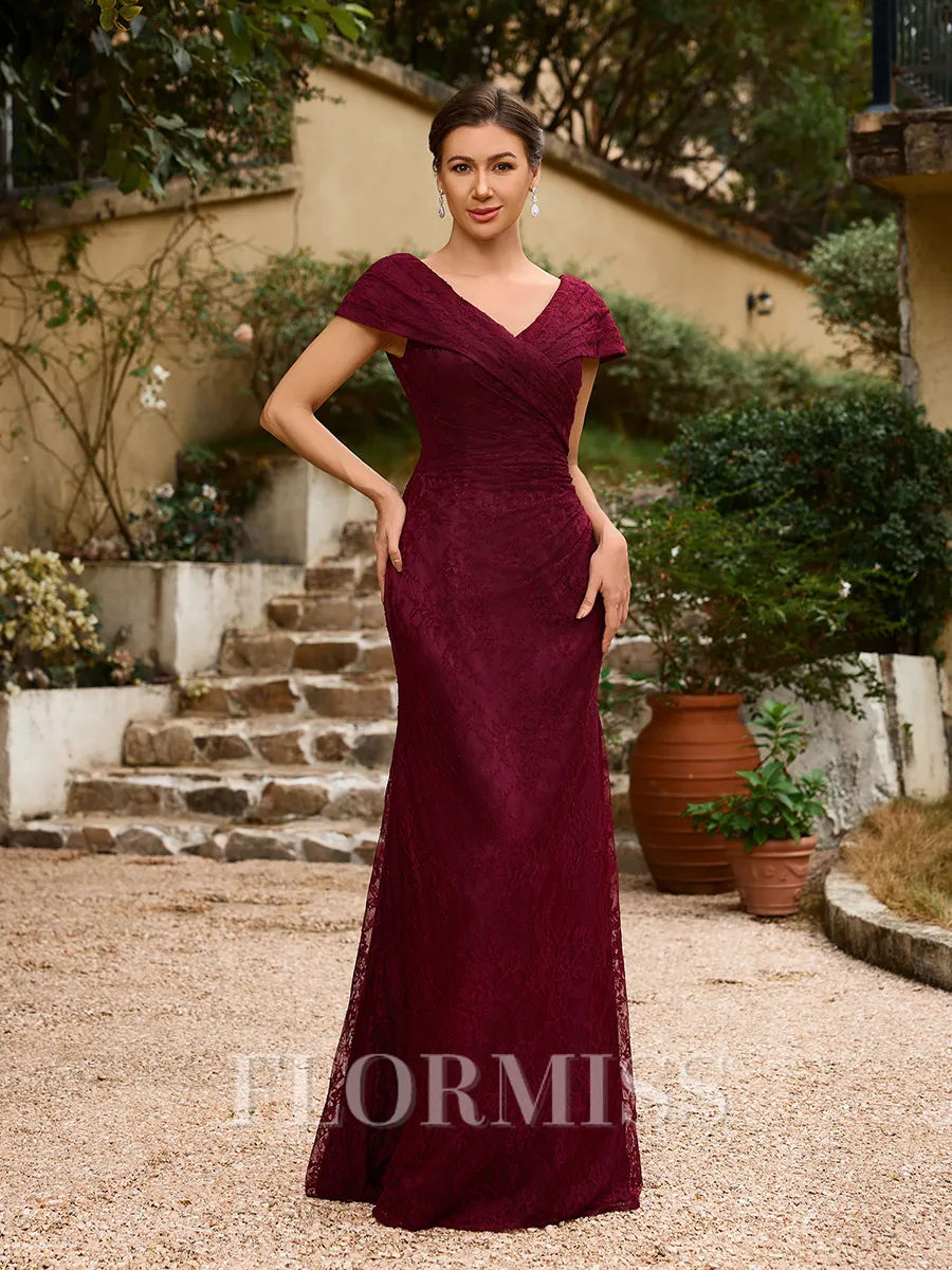 Sheath/Column Lace Ruched V-neck Short Sleeves Floor-Length Mother of the Bride Dresses