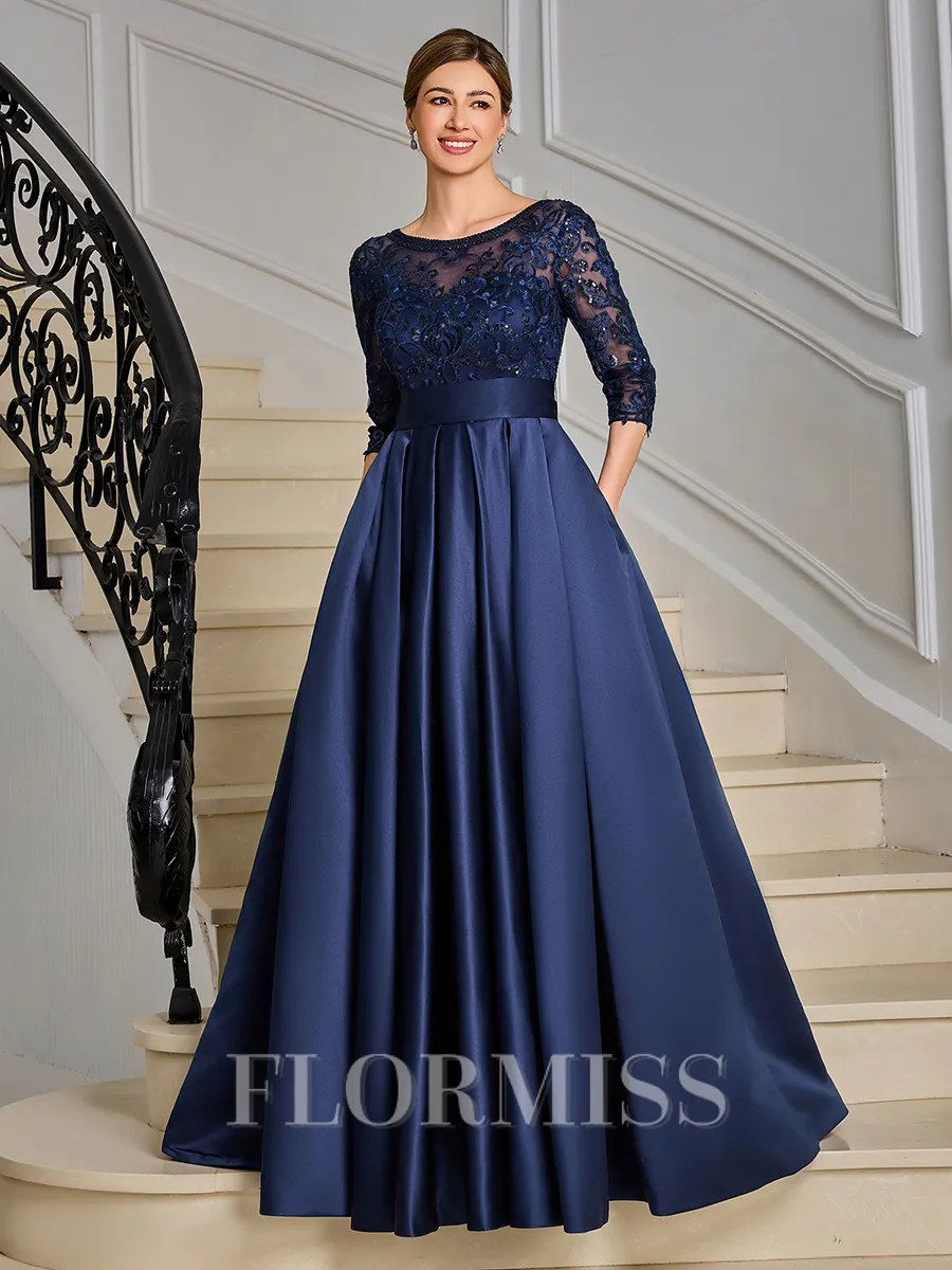 A-line Scoop 3/4 Sleeves Appliques Lace Floor-Length Satin Mother of the Bride Dress